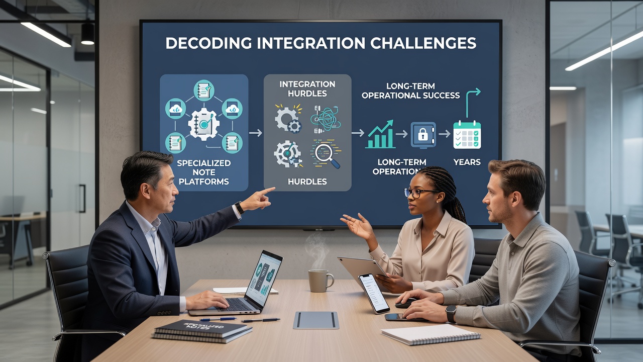 Team collaboration session reviewing integration logs and performance metrics on specialized note platforms