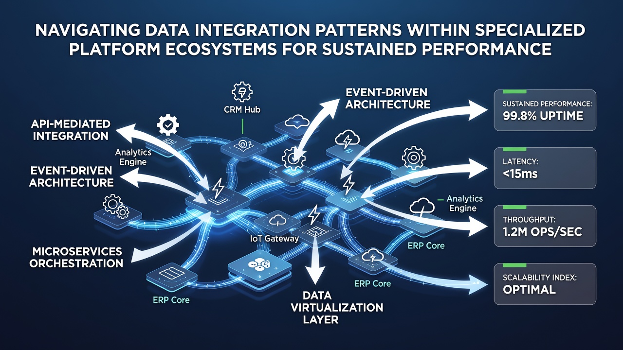 Flowchart showing performance monitoring dashboards connected to data integration pipelines in enterprise platforms